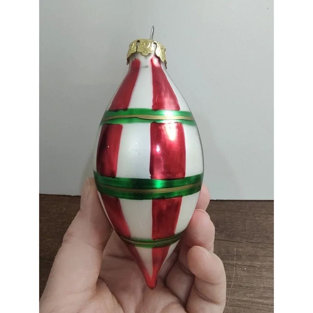 Vintage Striped Teardrop Glass Christmas Ornament Red Green Gold White A11